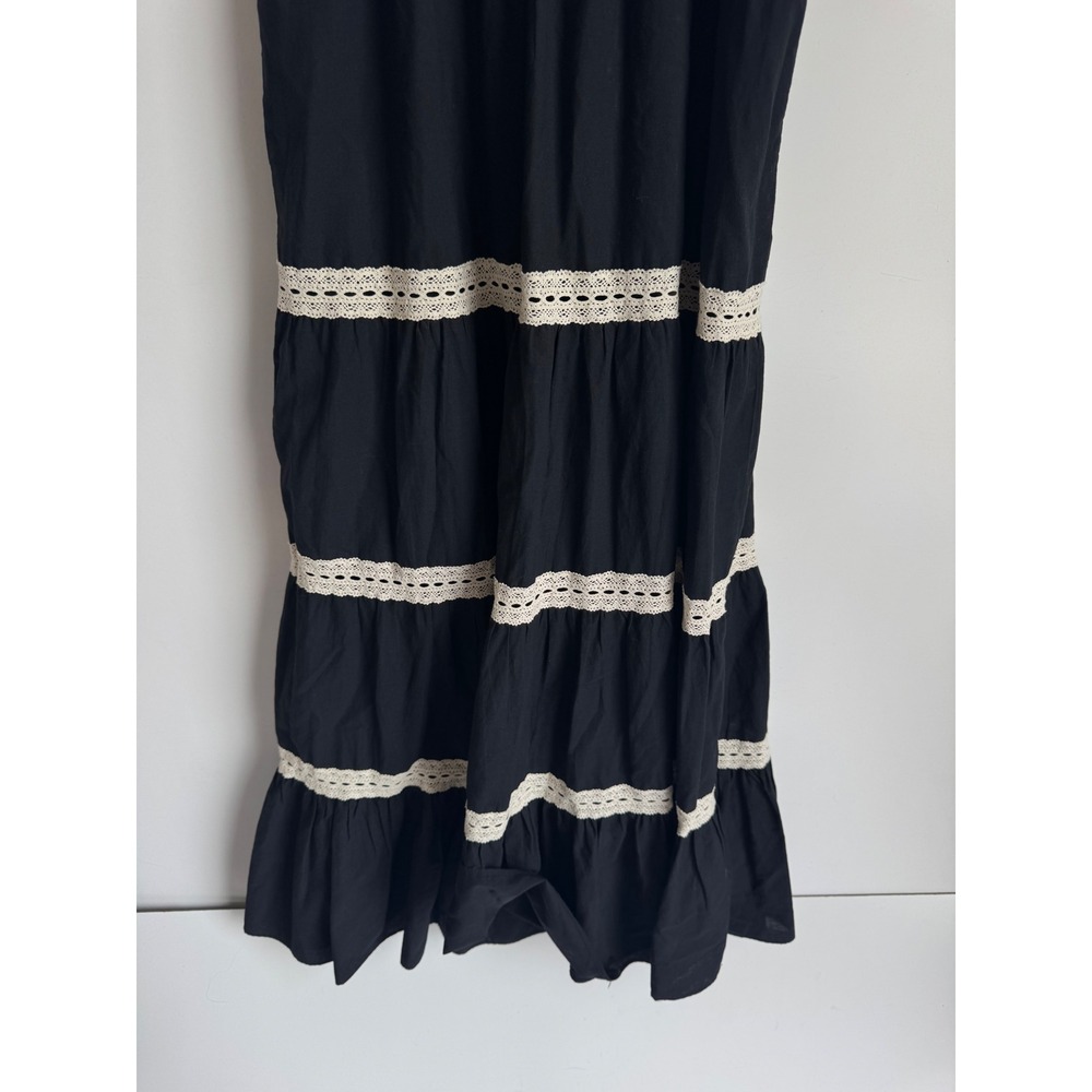 Anthropologie PINCH Black Smocked Tiered Maxi Dress Crochet Lace Ruffle Large - Picture 7 of 10
